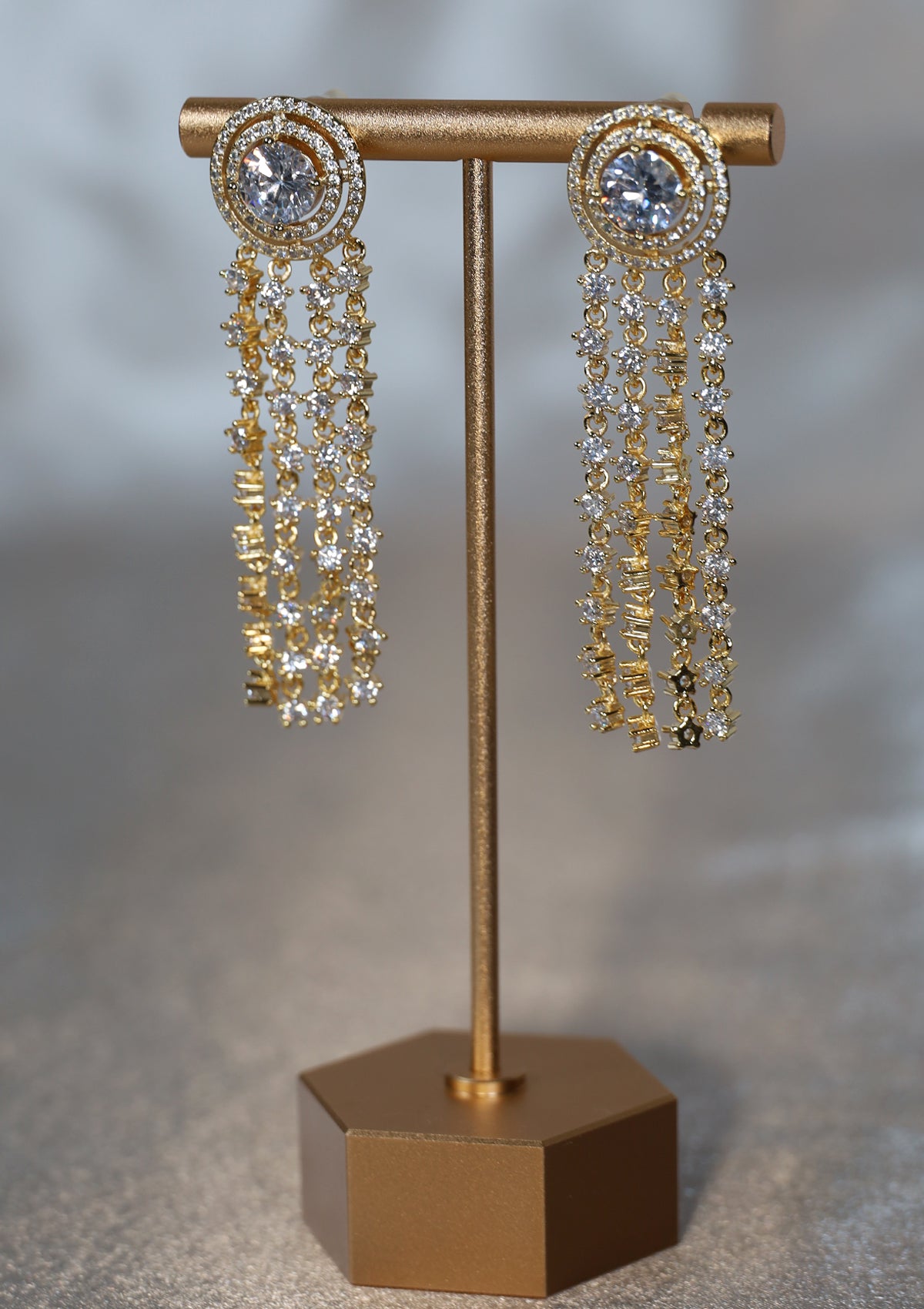 GOLDEN AURA DANGLE ZIRCON EARRINGS