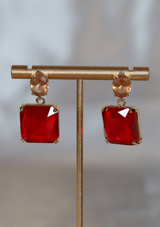 18K GOLD PLATED RED ZIRCON STONE DANGLE EARRINGS