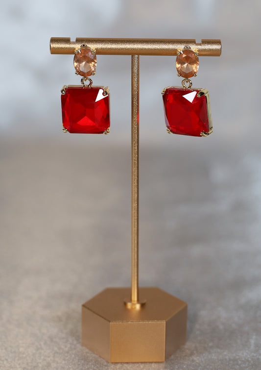 18K GOLD PLATED RED ZIRCON STONE DANGLE EARRINGS