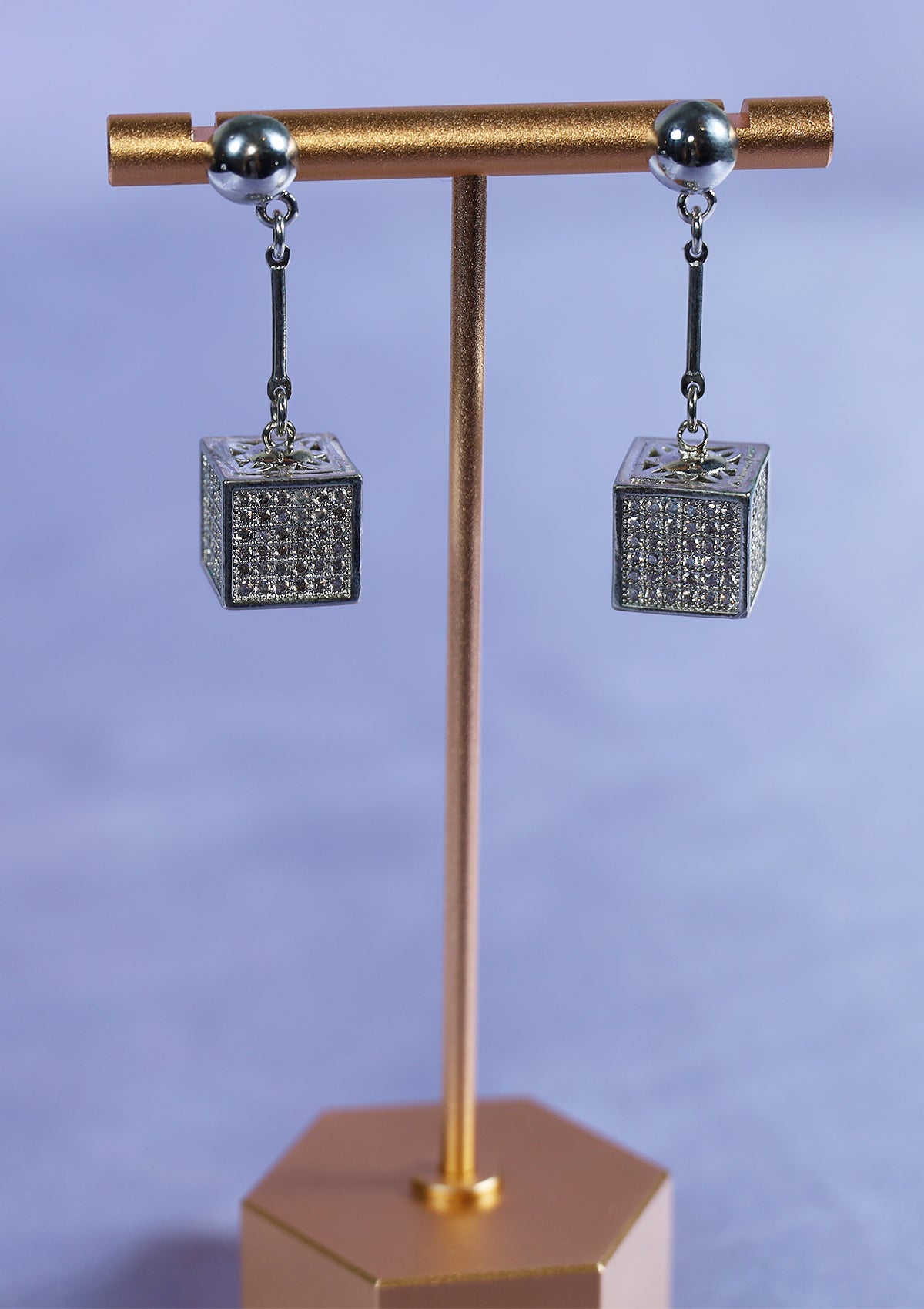 SILVER CUBE DANGLE ZIRCON EARRINGS