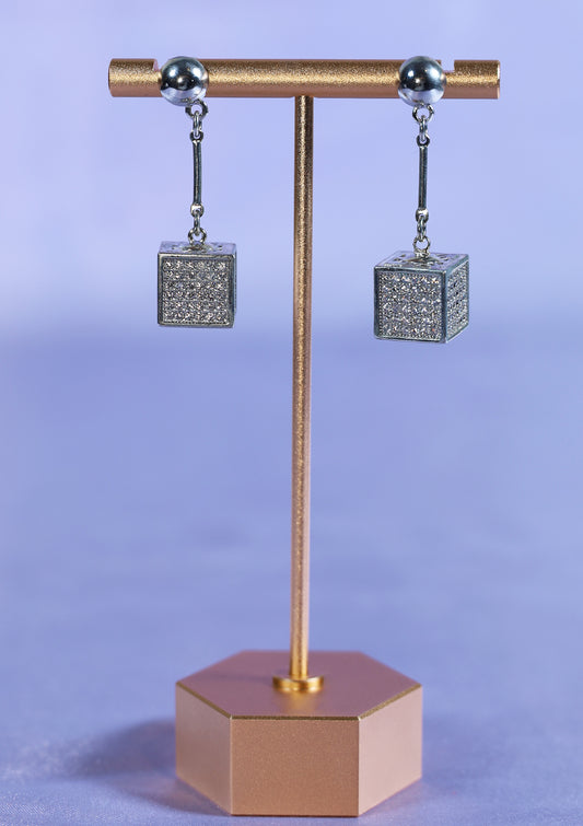 SILVER CUBE DANGLE ZIRCON EARRINGS